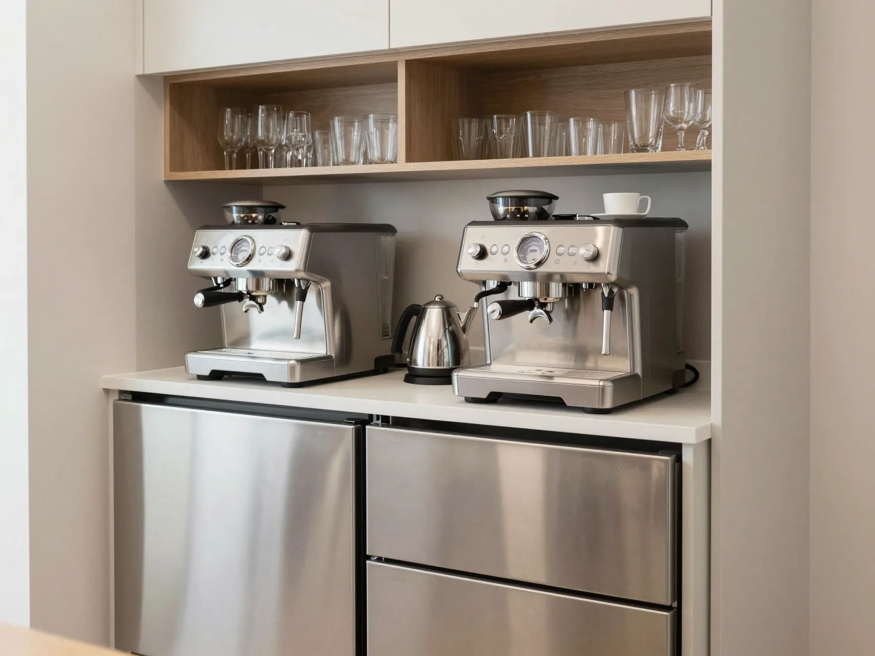 Integrated beverage center espresso machine refrigerator drawers