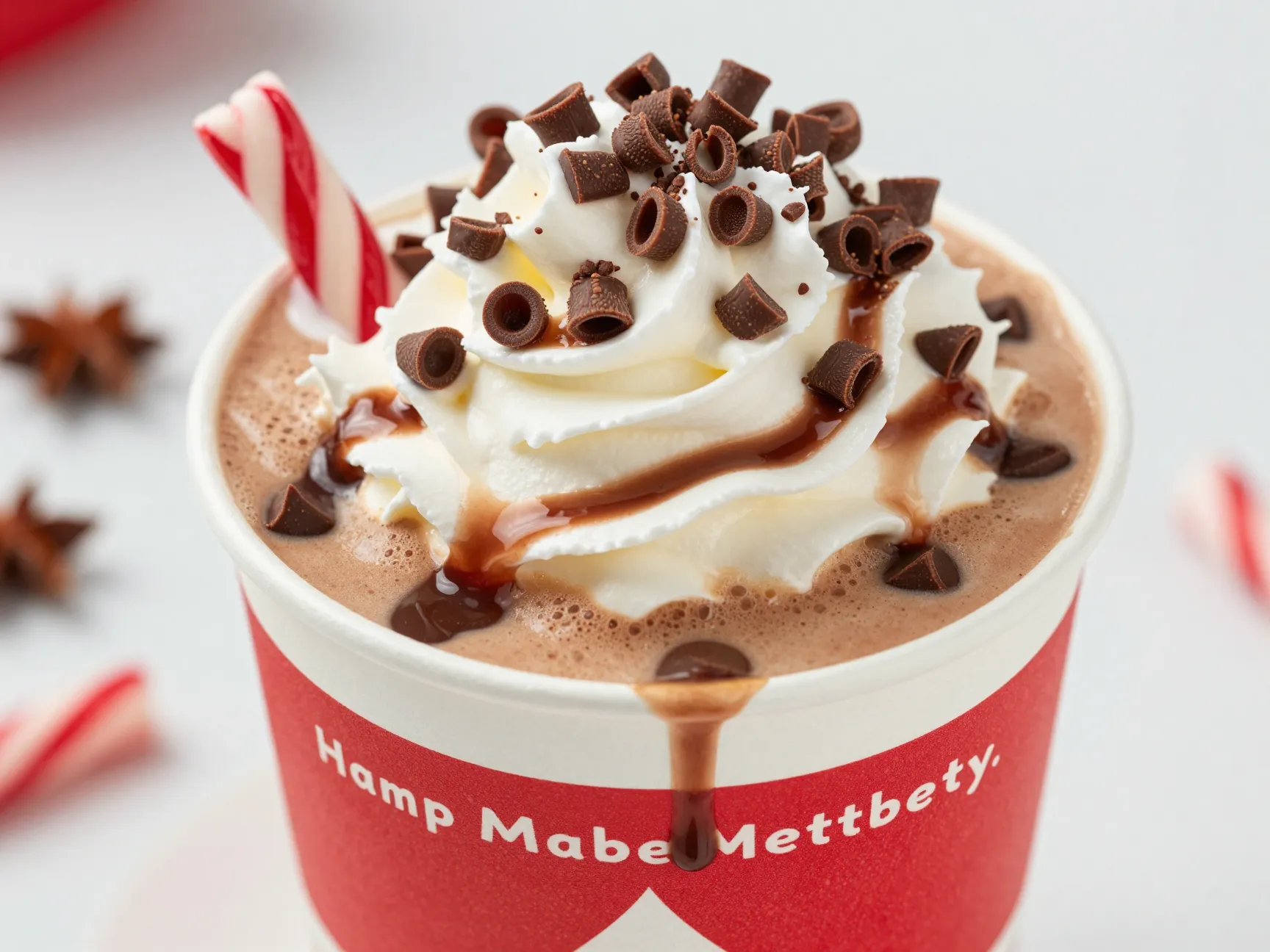 Seasonal peppermint mocha with chocolate curls