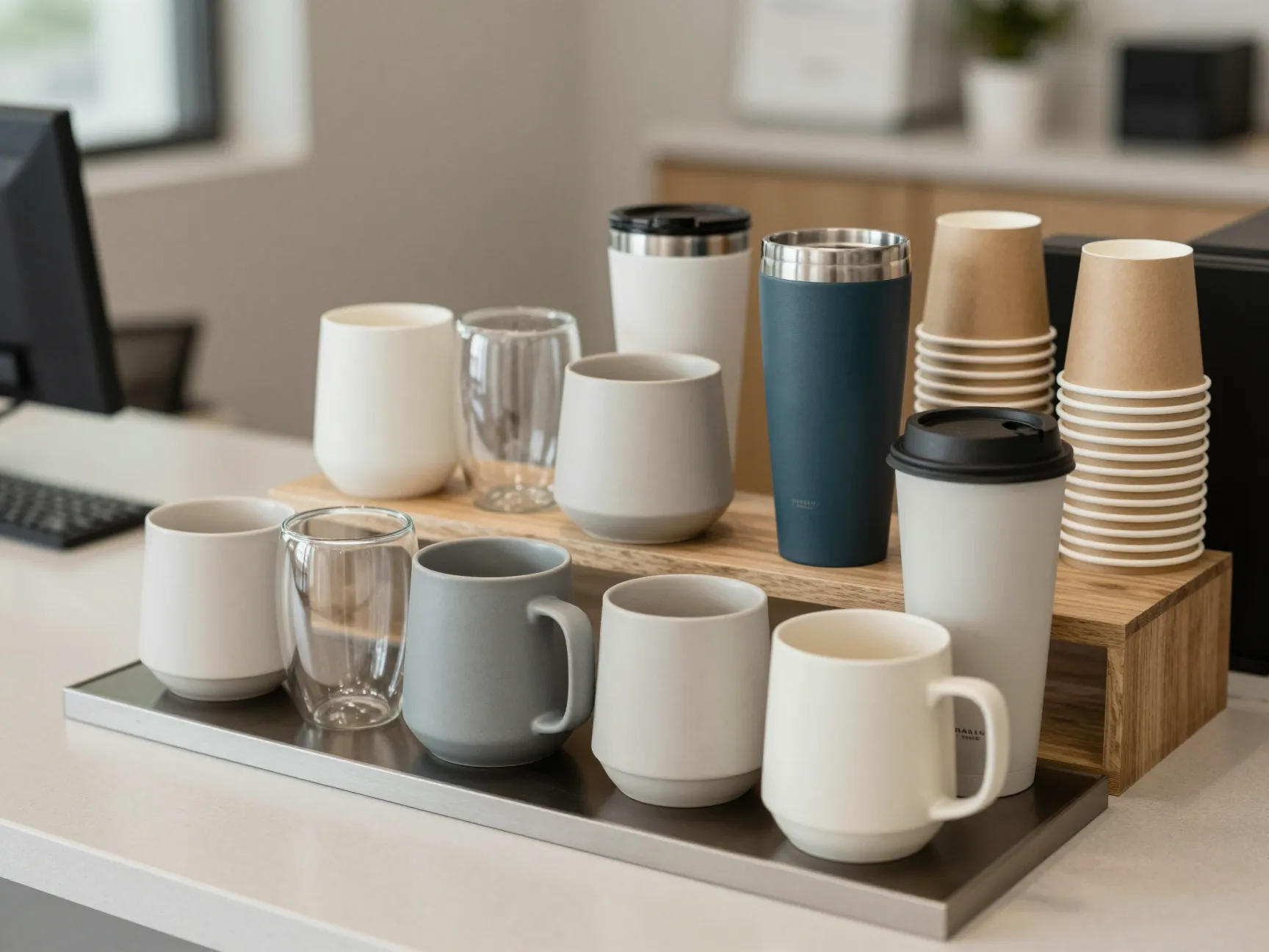 Stylish ceramic mugs branded travel cups office coffee bar display