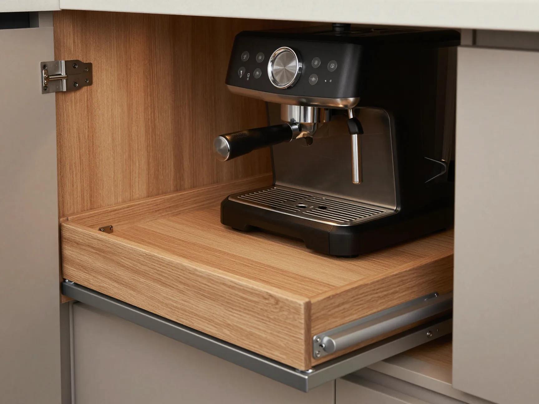 Cabinet pullout shelf integrated water tap espresso machine