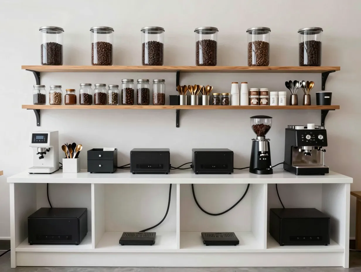 Organized coffee bar counter airtight canisters tiered shelving cable