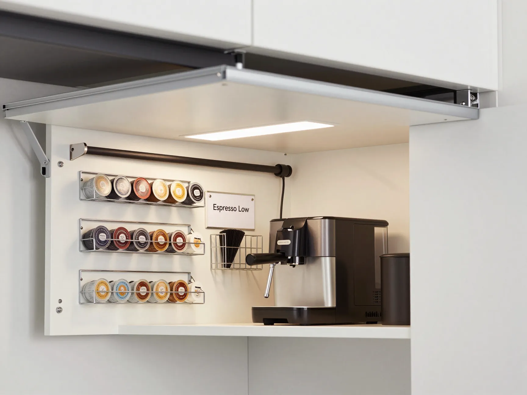 Appliance garage interior magnetic pod strip coffee machine