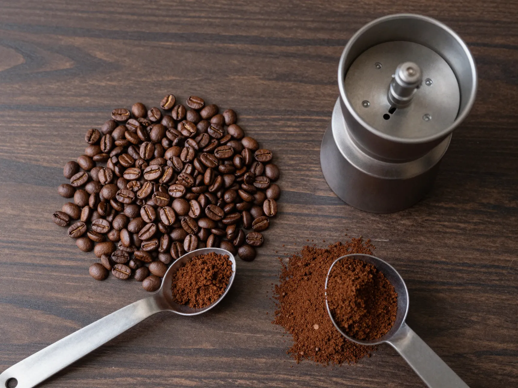 Medium grind fresh whole beans next to burr coffee grinder