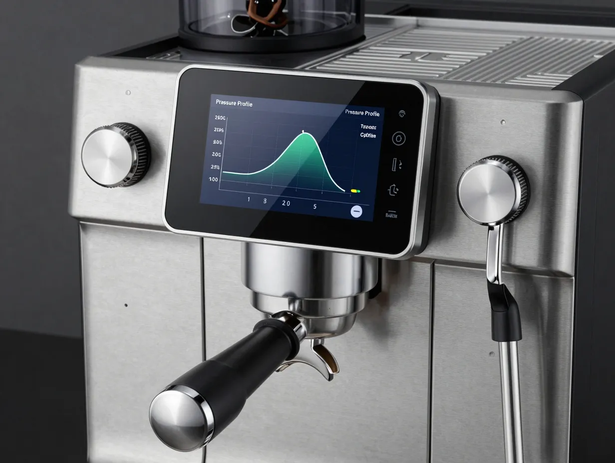 Modern coffee machine on counter displaying advanced pressure profiling control interface
