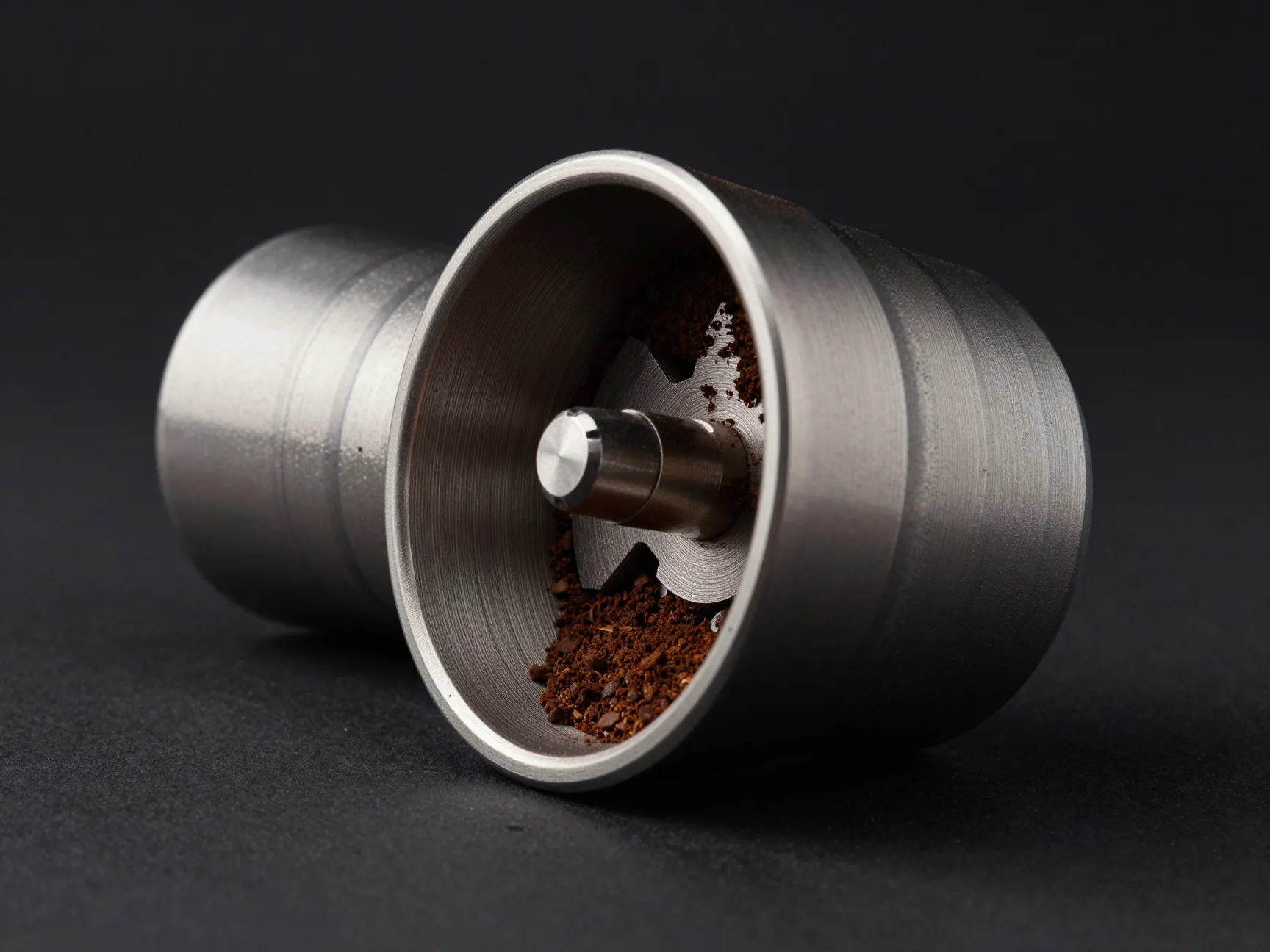 Conical burr grinder mechanism isolated on dark studio surface