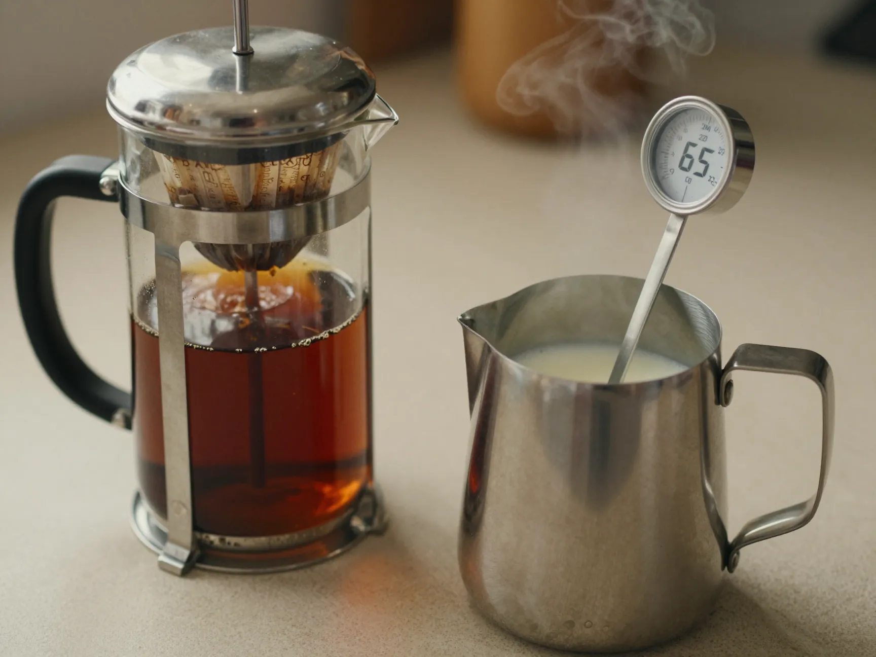 French press brewing coffee next to steaming milk pitcher