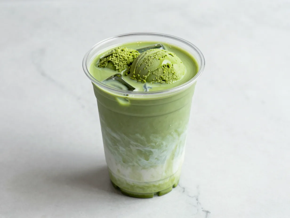 Iced matcha latte with coconut milk and extra matcha scoops