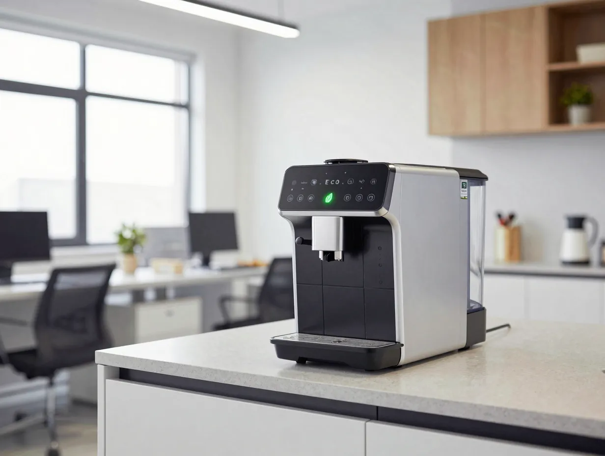 Energy efficient low wattage coffee machine with eco mode indicator light on