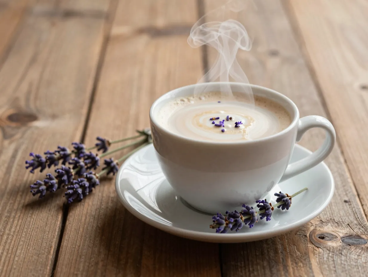 London fog tea latte with oat milk and lavender syrup garnish