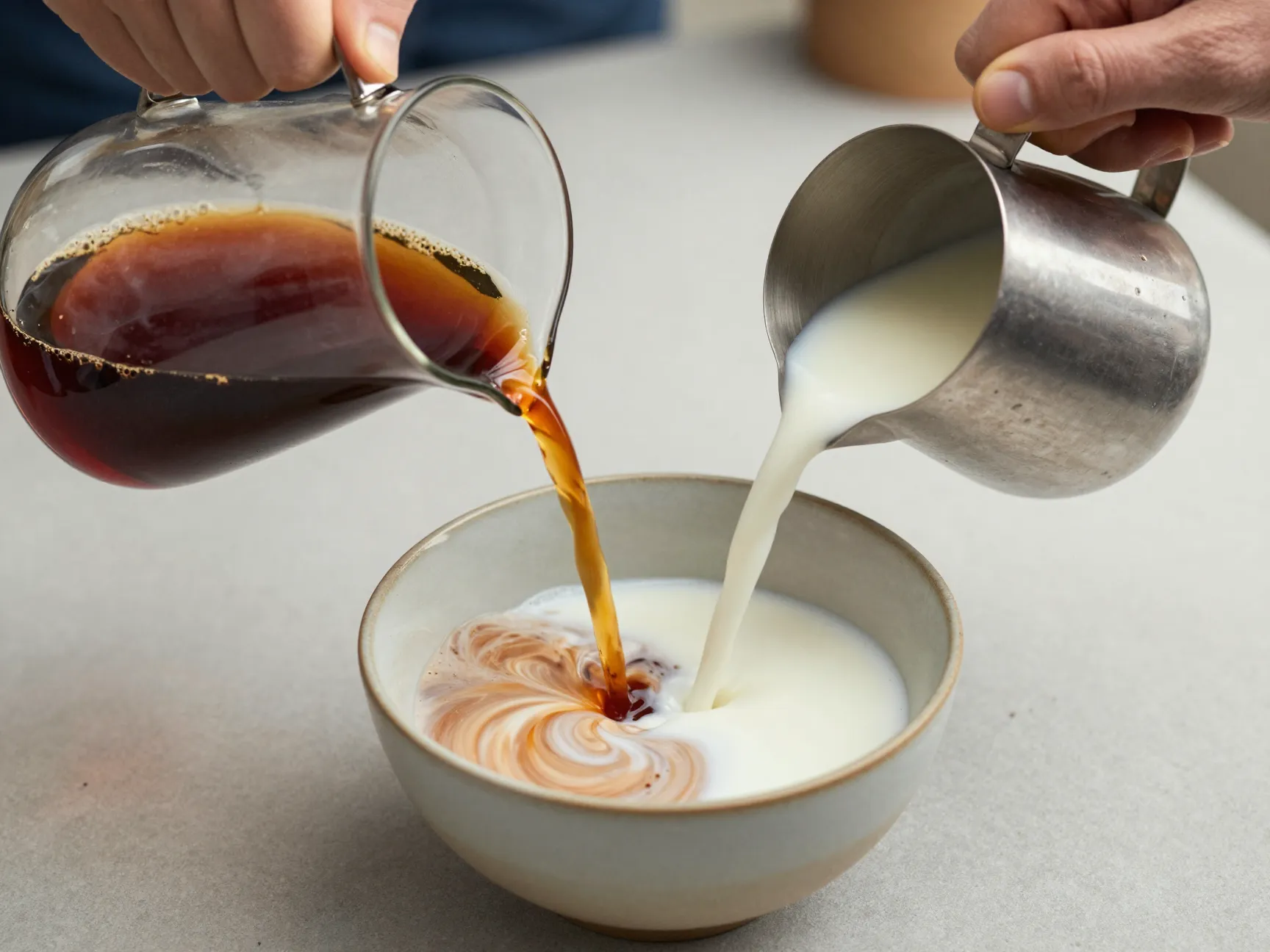 One part coffee being poured into two parts milk in bowl