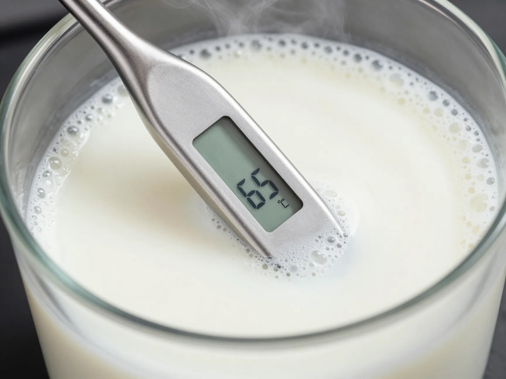 Digital thermometer reading 65 degrees in steaming milk
