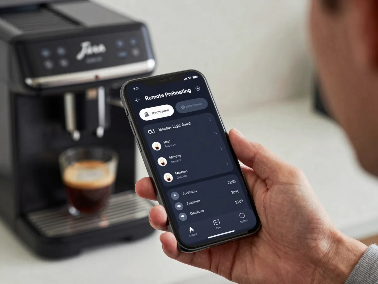 Smartphone app screen remotely controlling and monitoring an office coffee maker