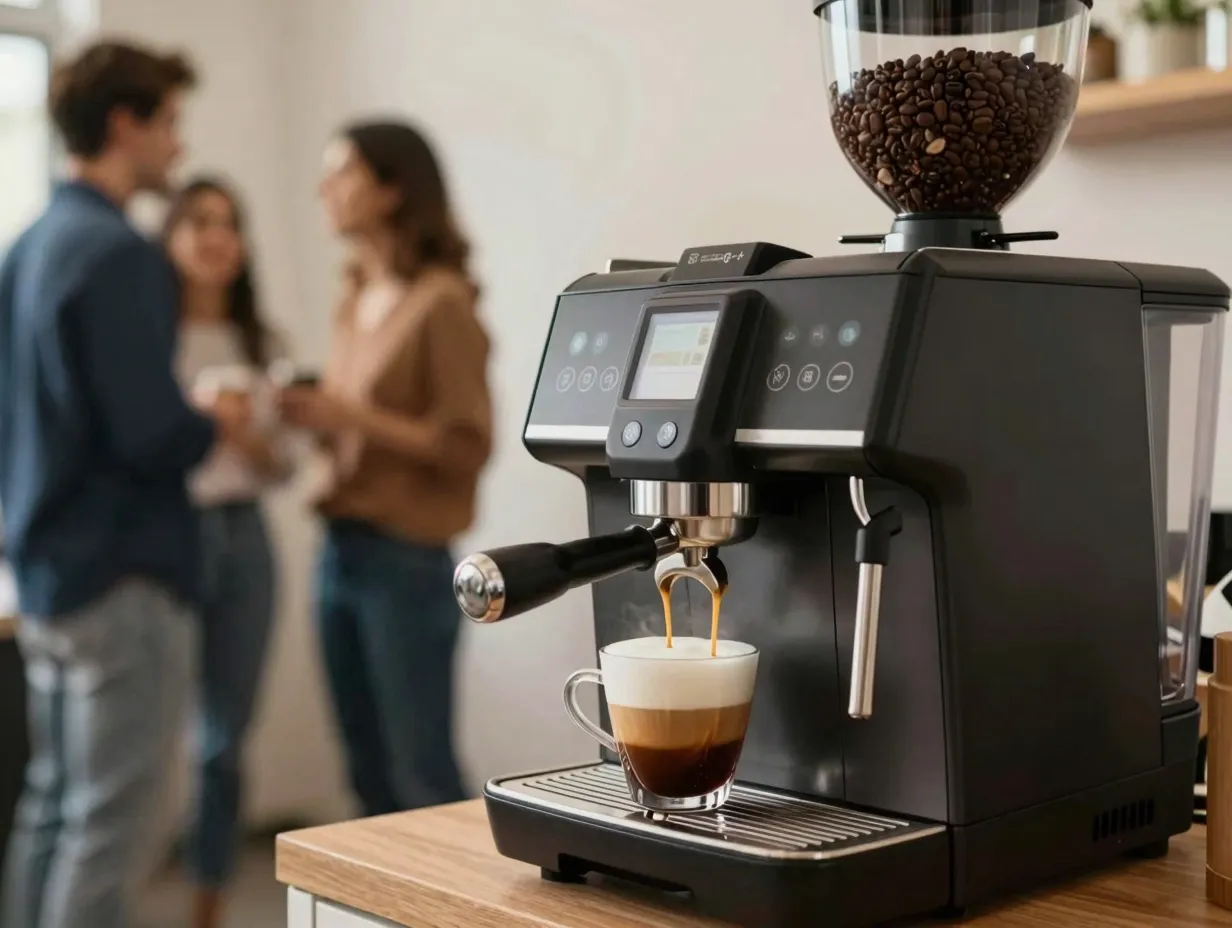Bean to cup office coffee machine preparing a latte and an espresso simultaneously