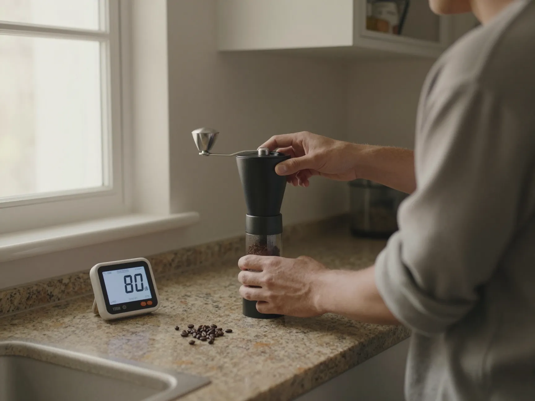 Person using quiet conical burr grinder early modern kitchen