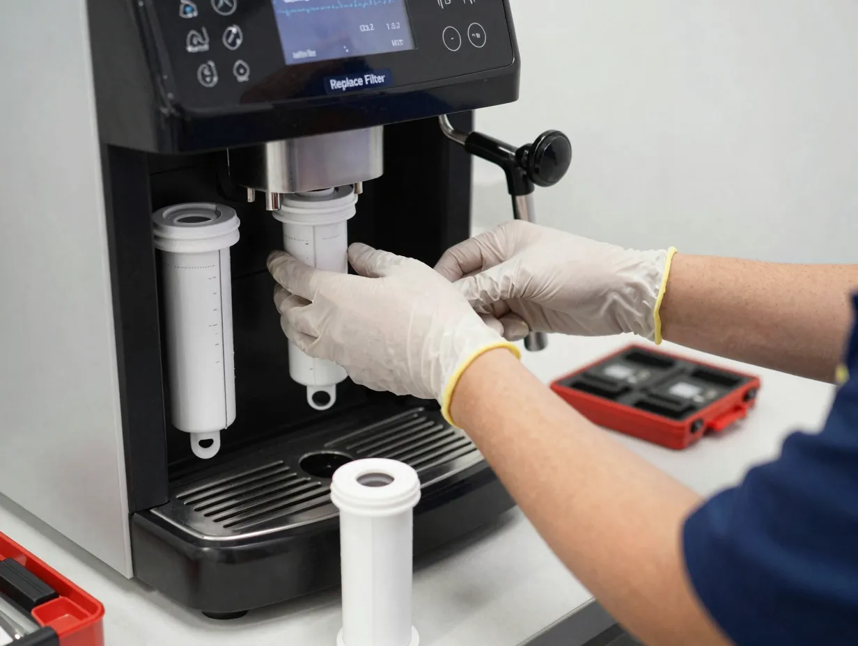 Coffee machine technician replacing an integrated water filter cartridge during maintenance