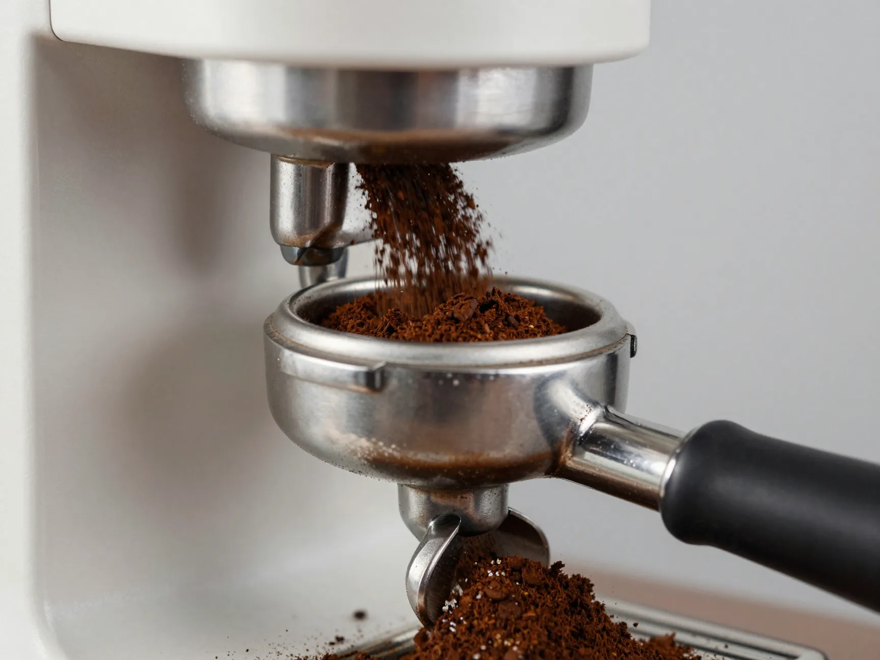 Zero retention grinder delivering all fresh grounds into portafilter