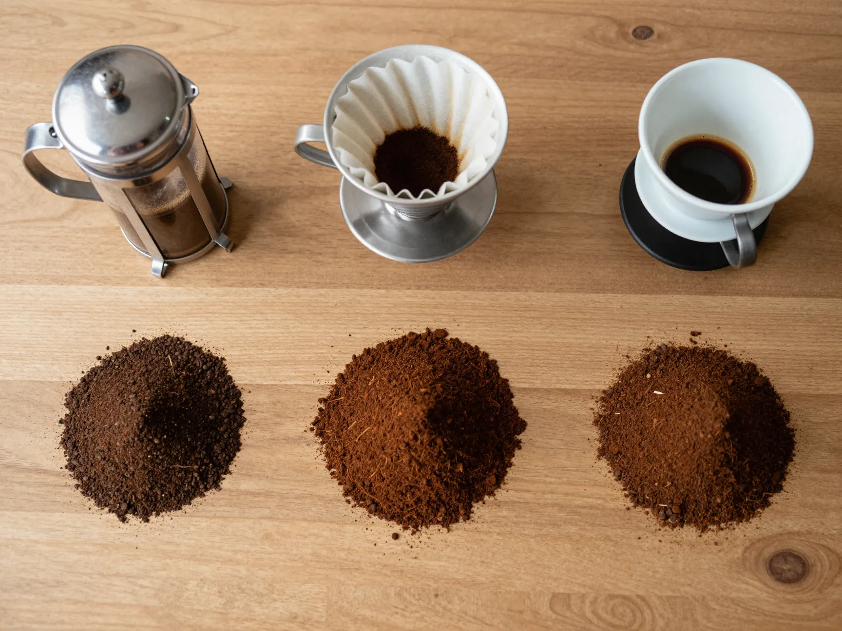 Different grind sizes arranged for french press espresso pour over