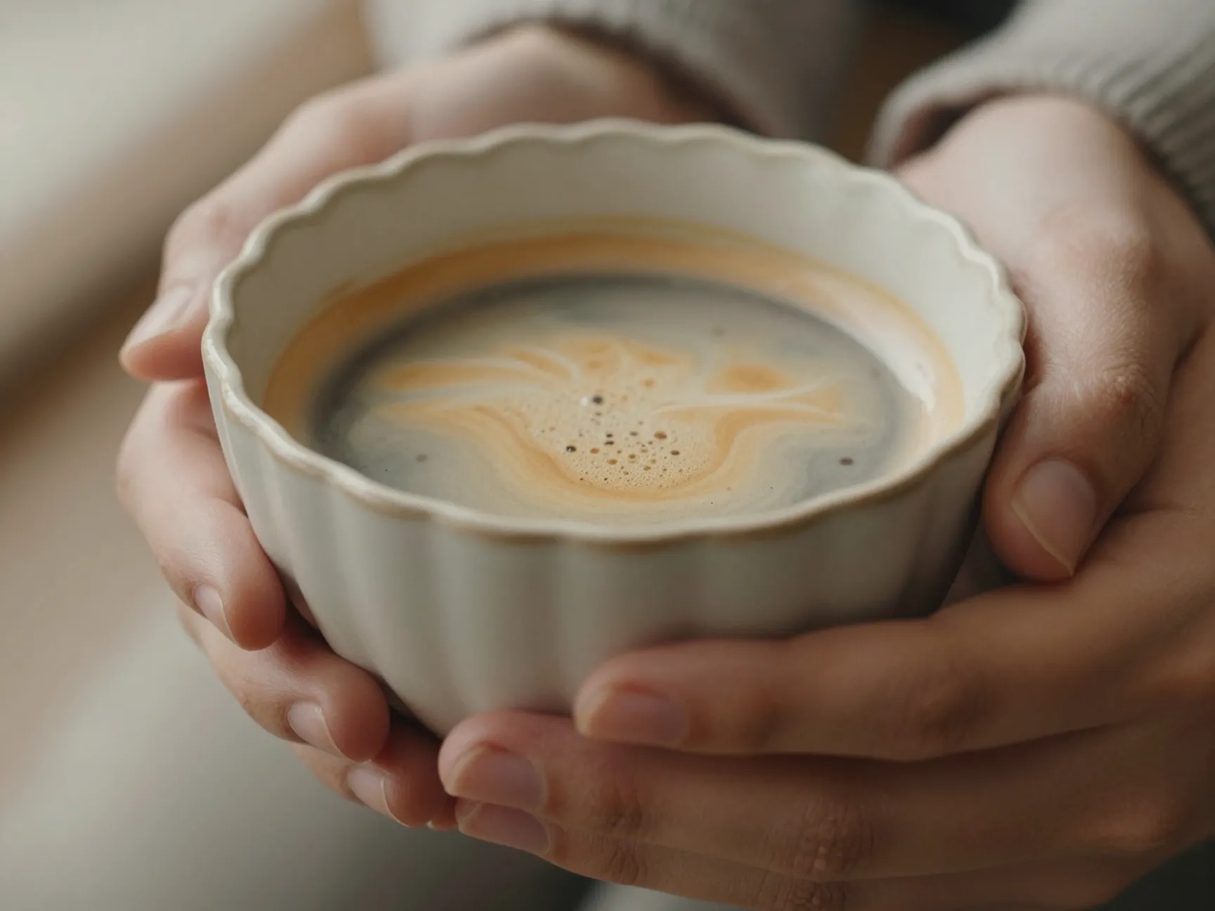 Hands holding warm ceramic cafe au lait bowl with scalloped sides