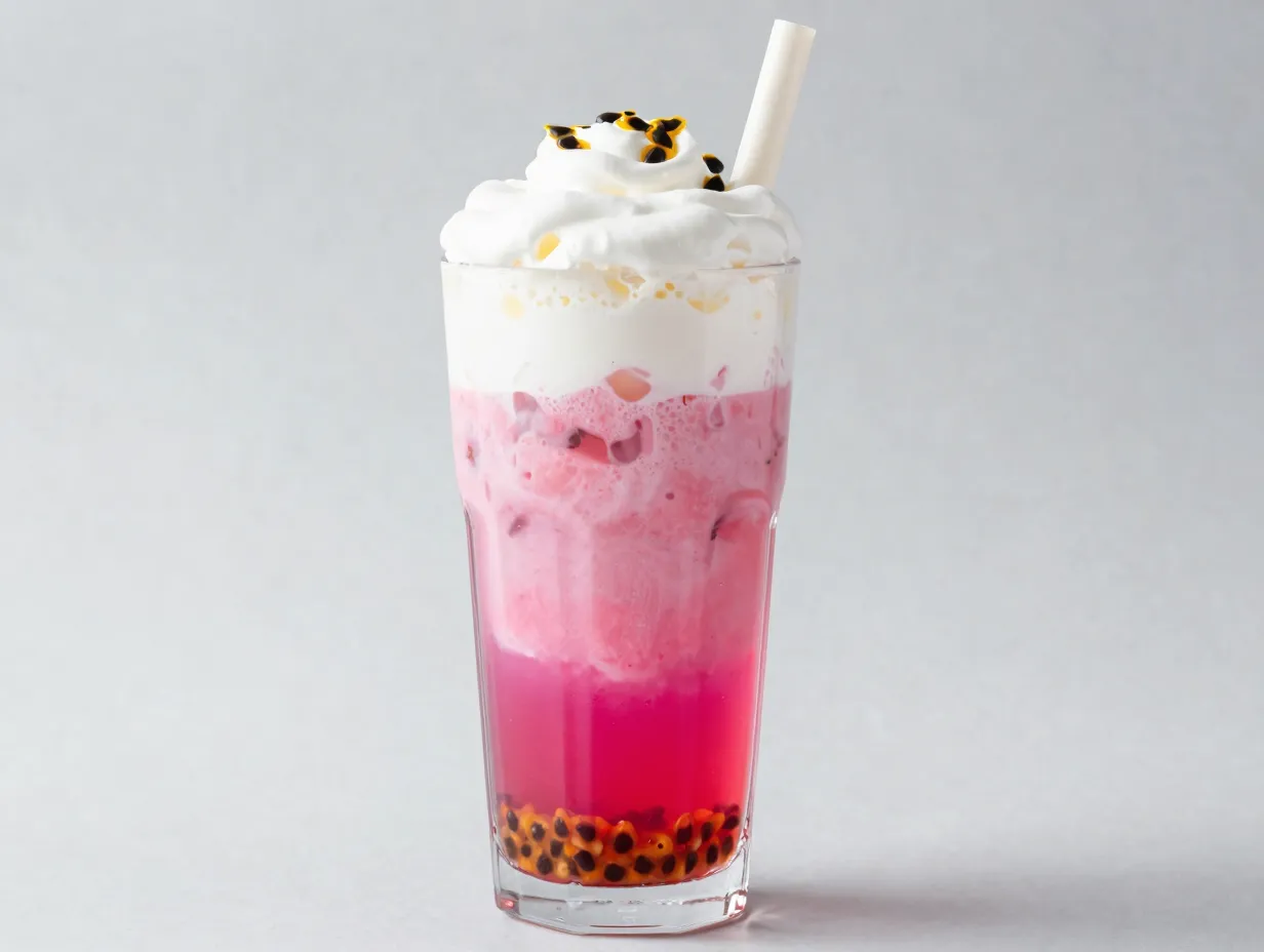 Iced passion tango tea with coconut milk and vanilla foam