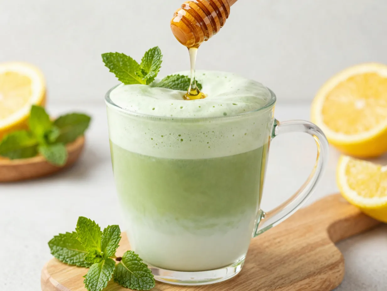 Jade citrus mint green tea latte with oat milk and honey