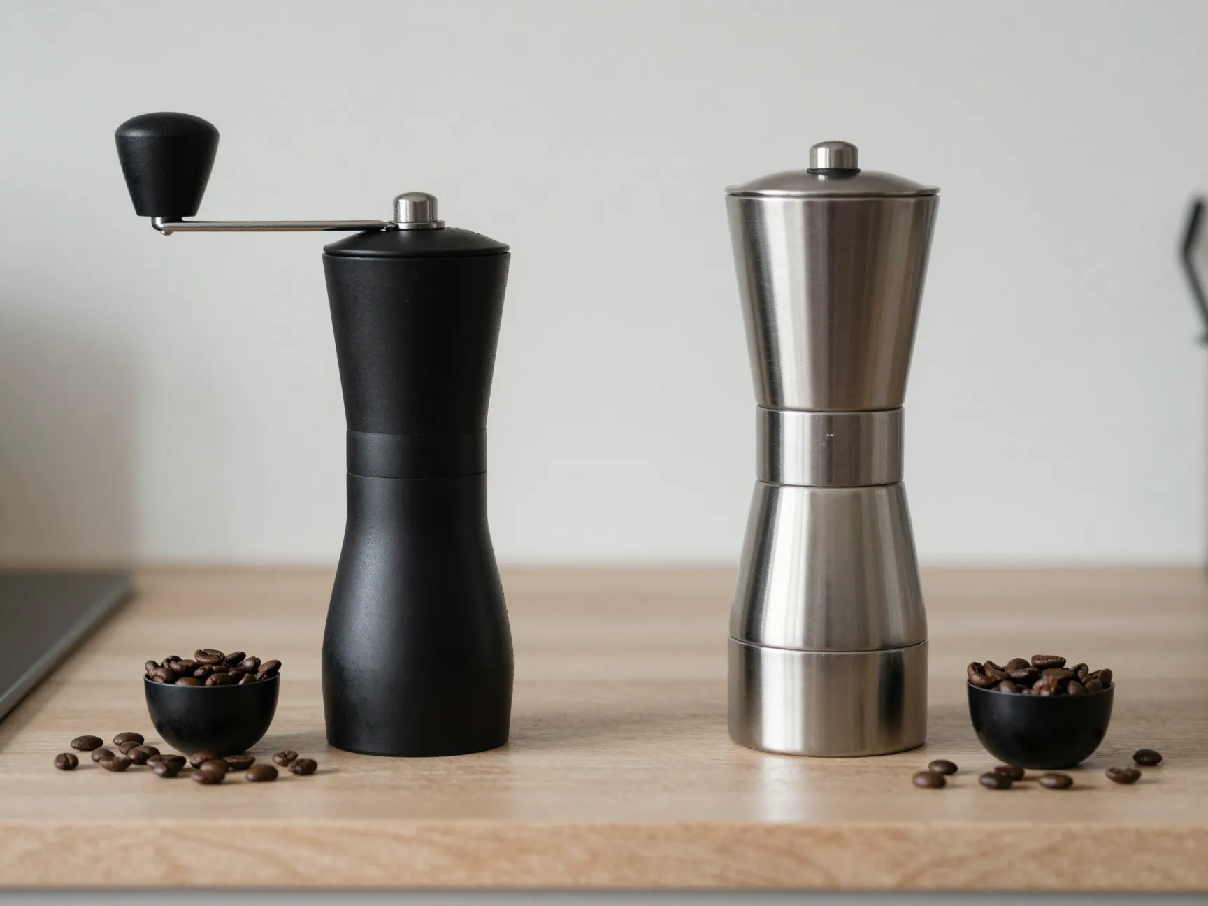 Manual hand grinder and electric grinder side by side on counter