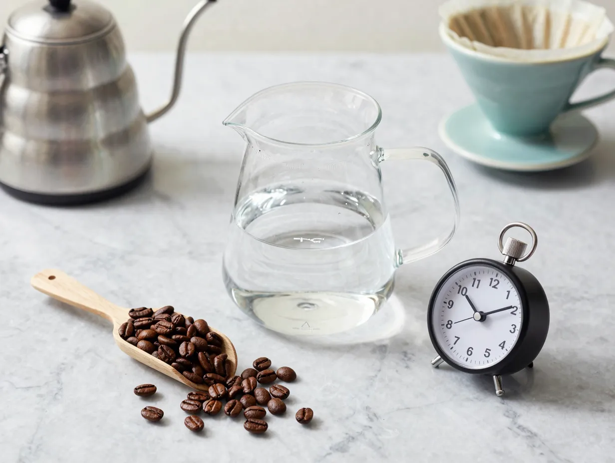 Medium roast coffee beans filtered water and timer for brewing
