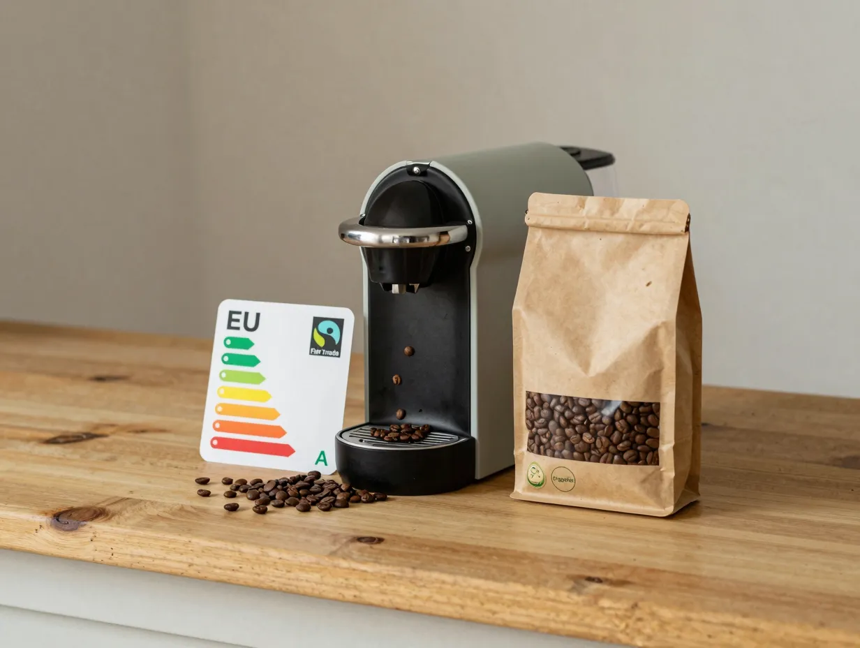 Sustainable coffee machine with energy label next to fair trade coffee beans in bag