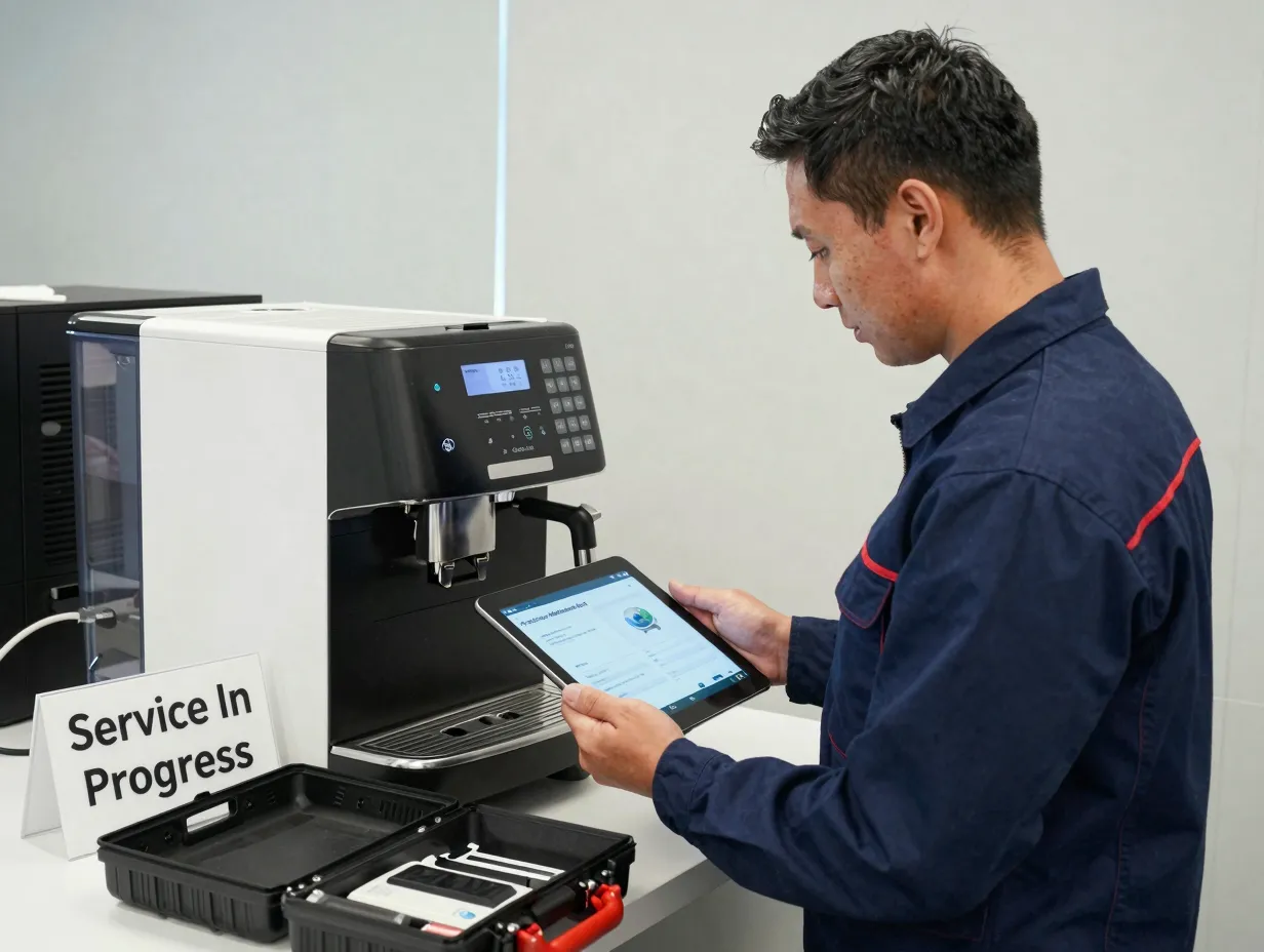 Service technician with tablet performing predictive maintenance on connected office coffee maker