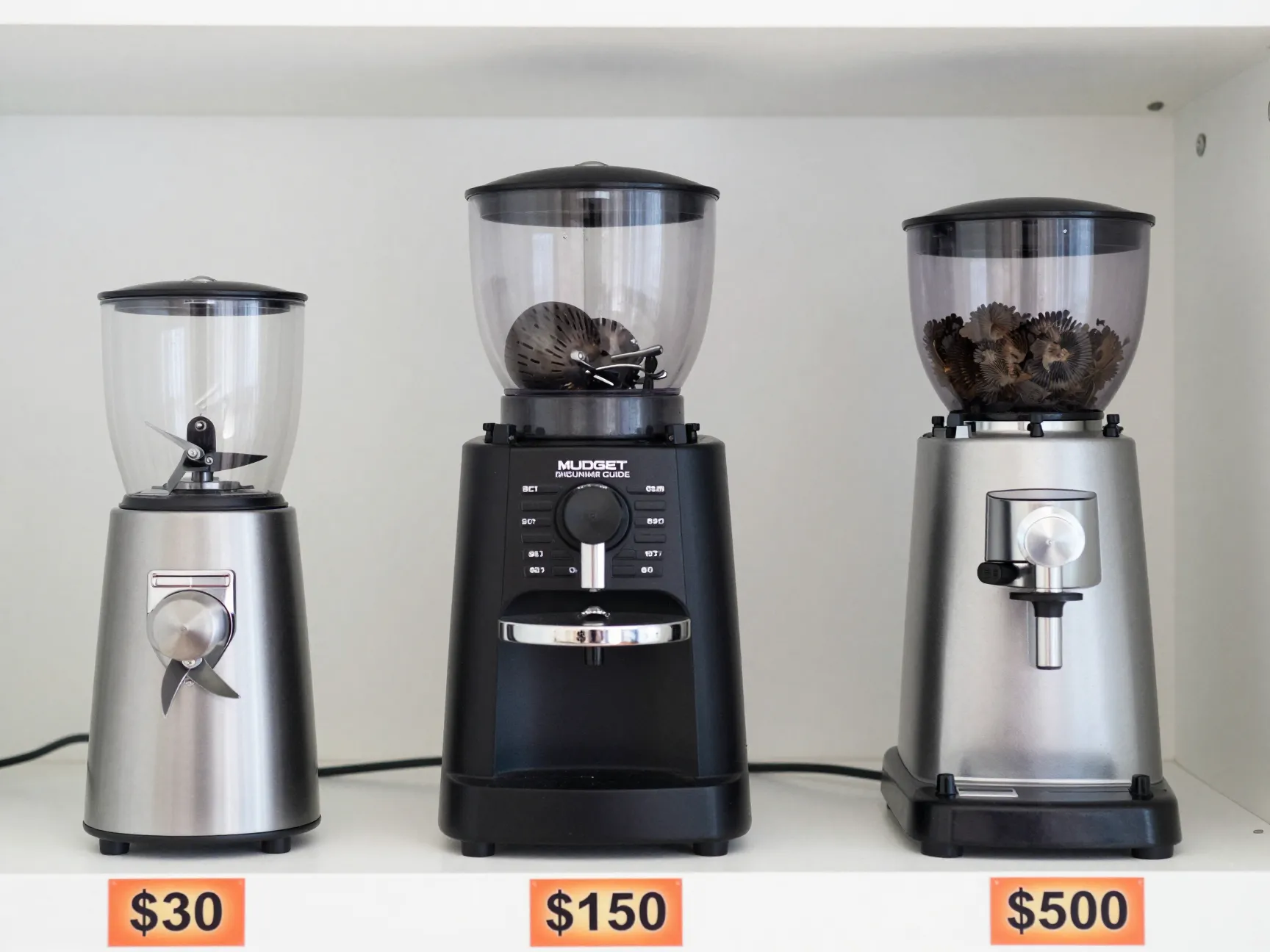 Three coffee grinders representing budget midrange enthusiast tiers