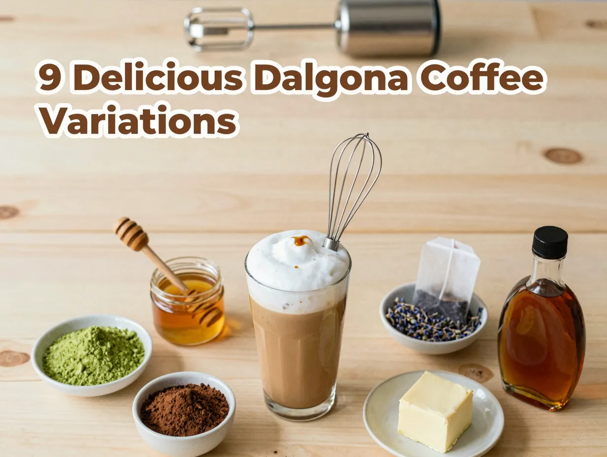 Coffee variations flat lay matcha honey lavender cocoa chai hand mixer