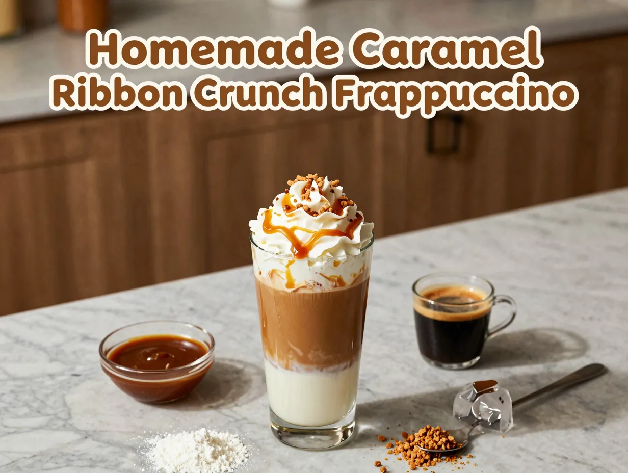 Homemade caramel frappuccino layered clear glass ingredients countertop