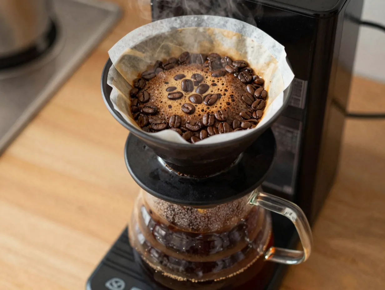 Strong dark roast coffee brewing in a drip coffee maker