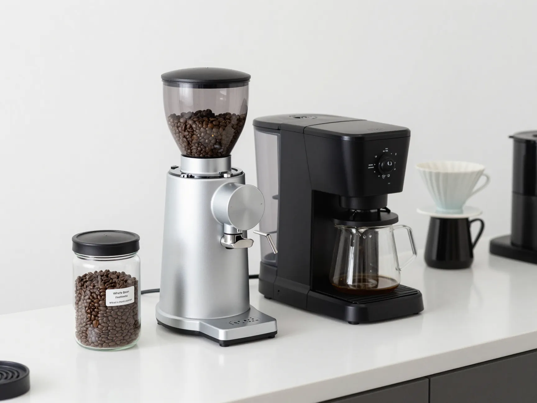 Whole bean freshness station with coffee grinder and drip brewer