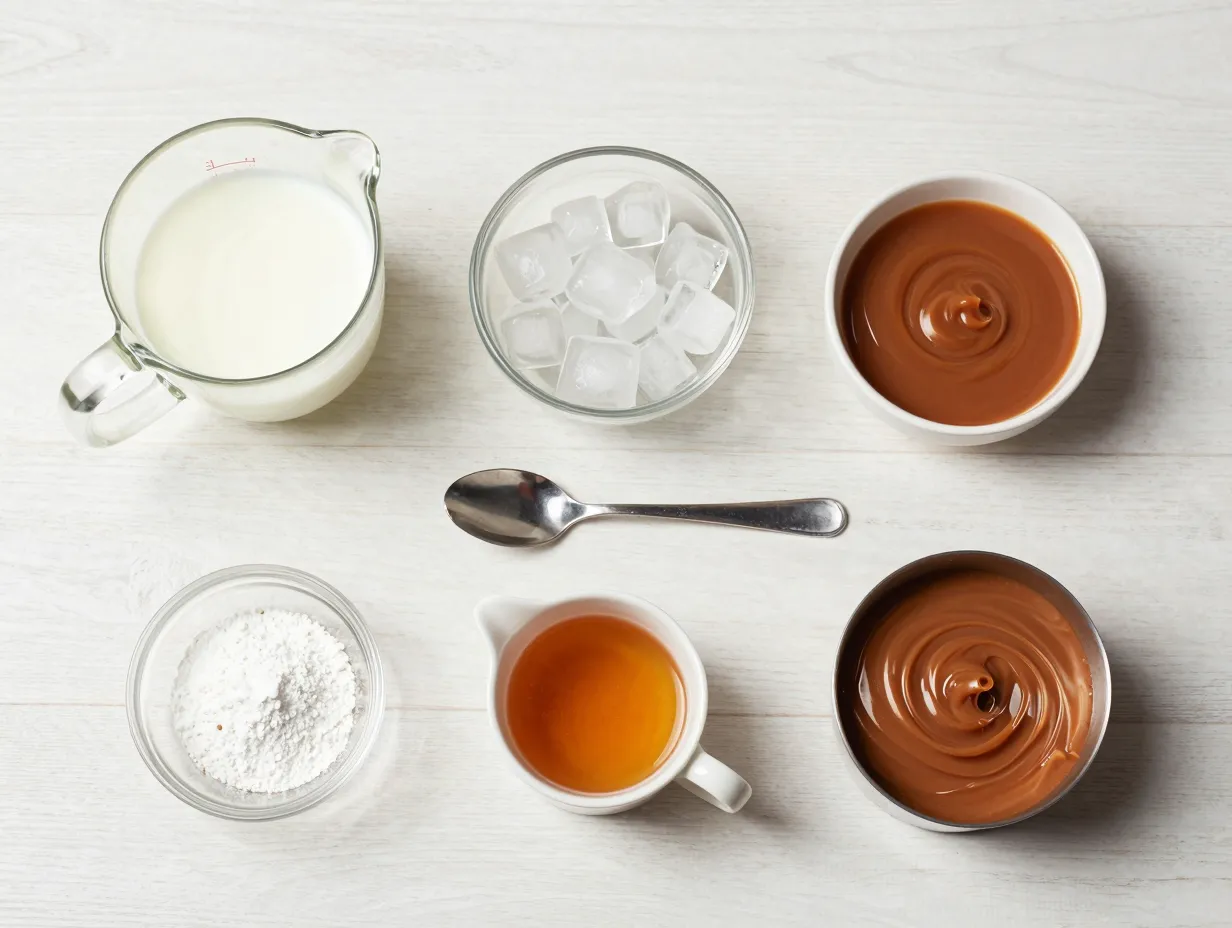 All measured ingredients for a caramel frappuccino on a counter