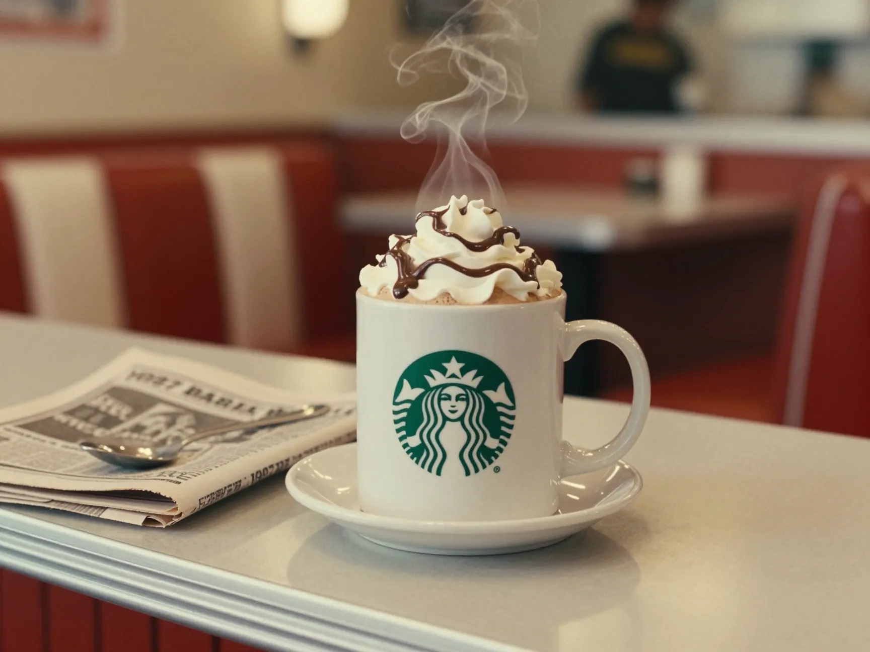 Classic 1987 starbucks cafe mocha in retro diner setting