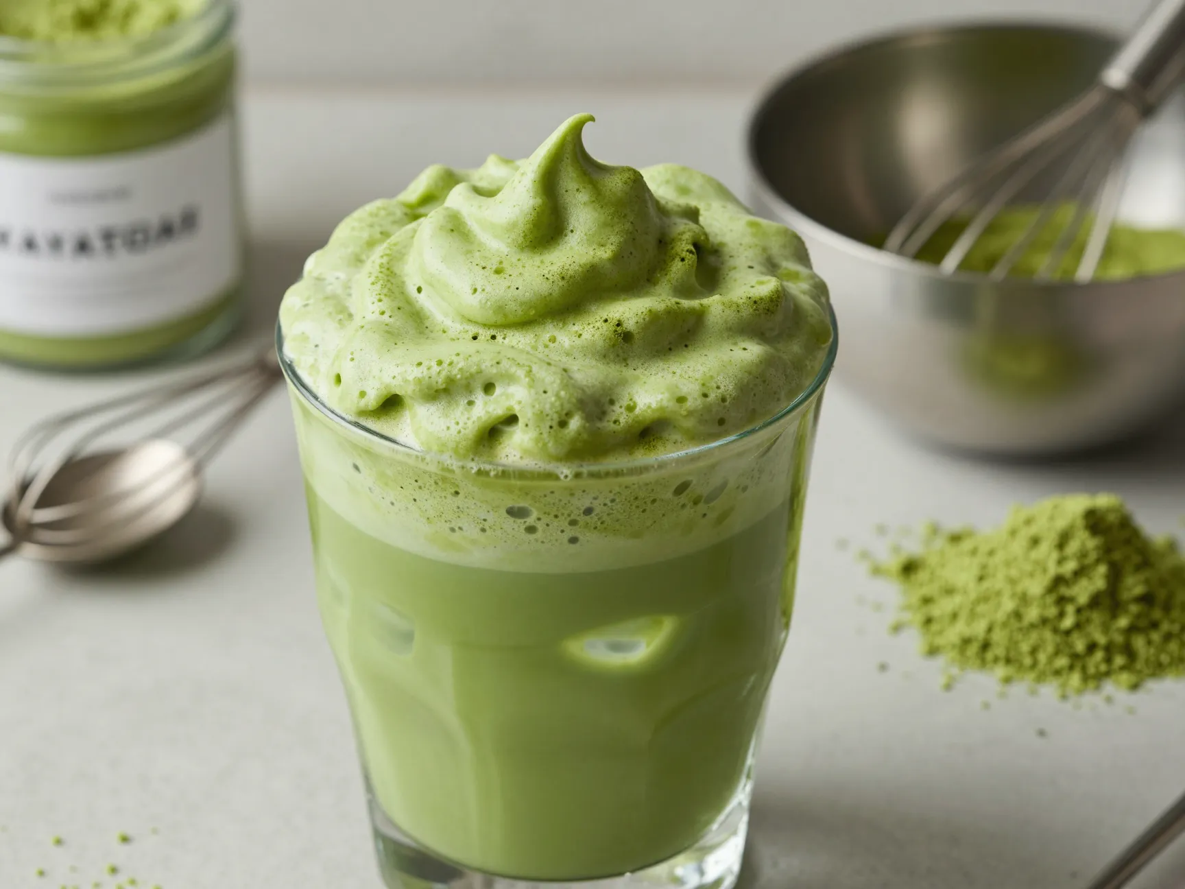 Vibrant green matcha dalgona over iced milk
