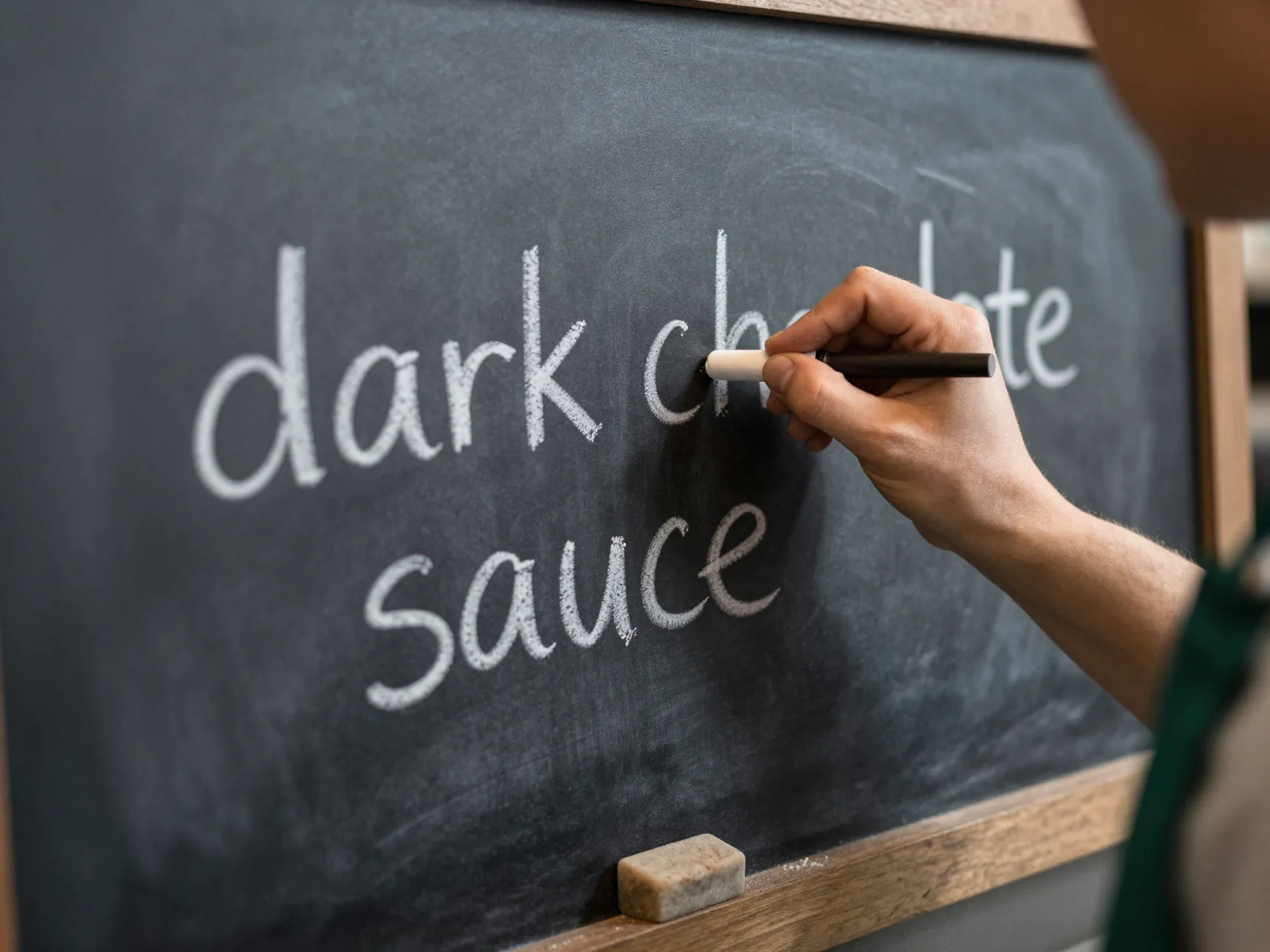 Barista handwriting dark chocolate sauce rename on chalkboard