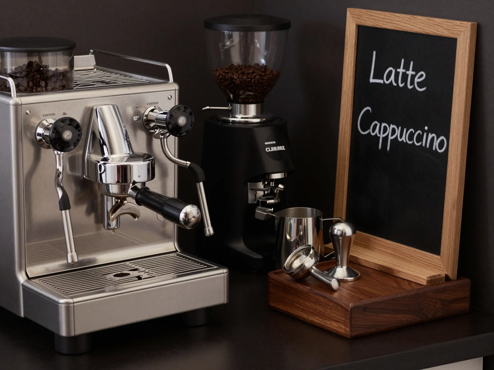 Barista style espresso corner with machine and chalkboard menu