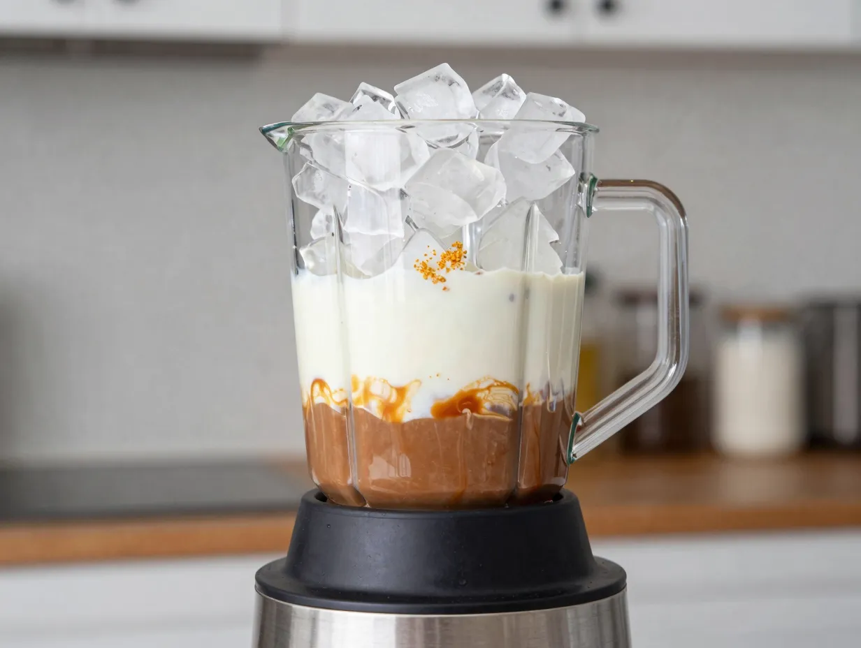 Ingredients layered in a blender with ice cubes on top