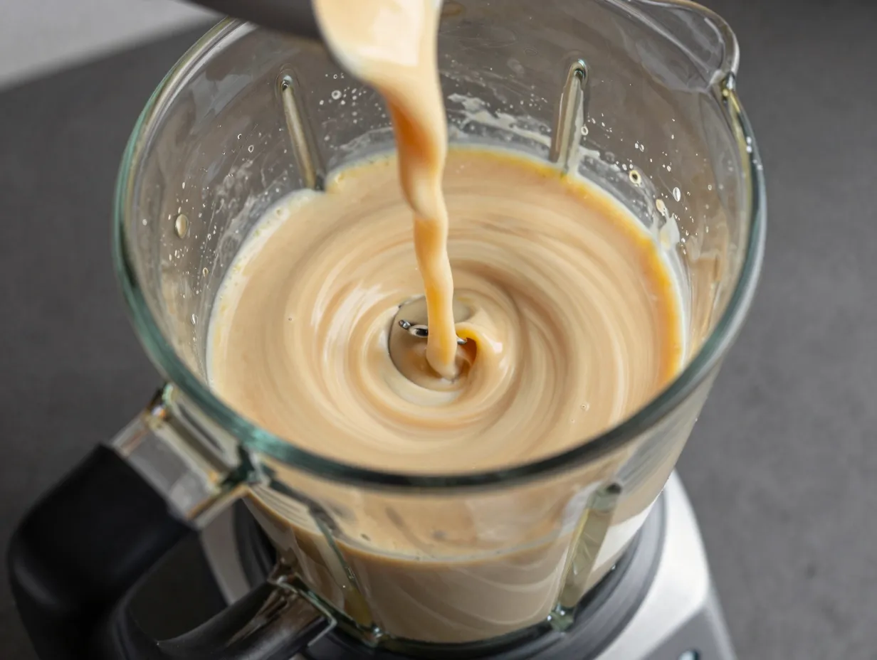 Blender making a creamy caramel frappuccino mixture