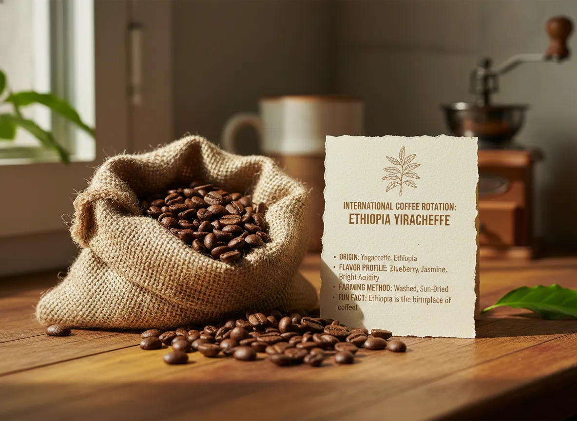 International coffee rotation with ethiopian beans and description card