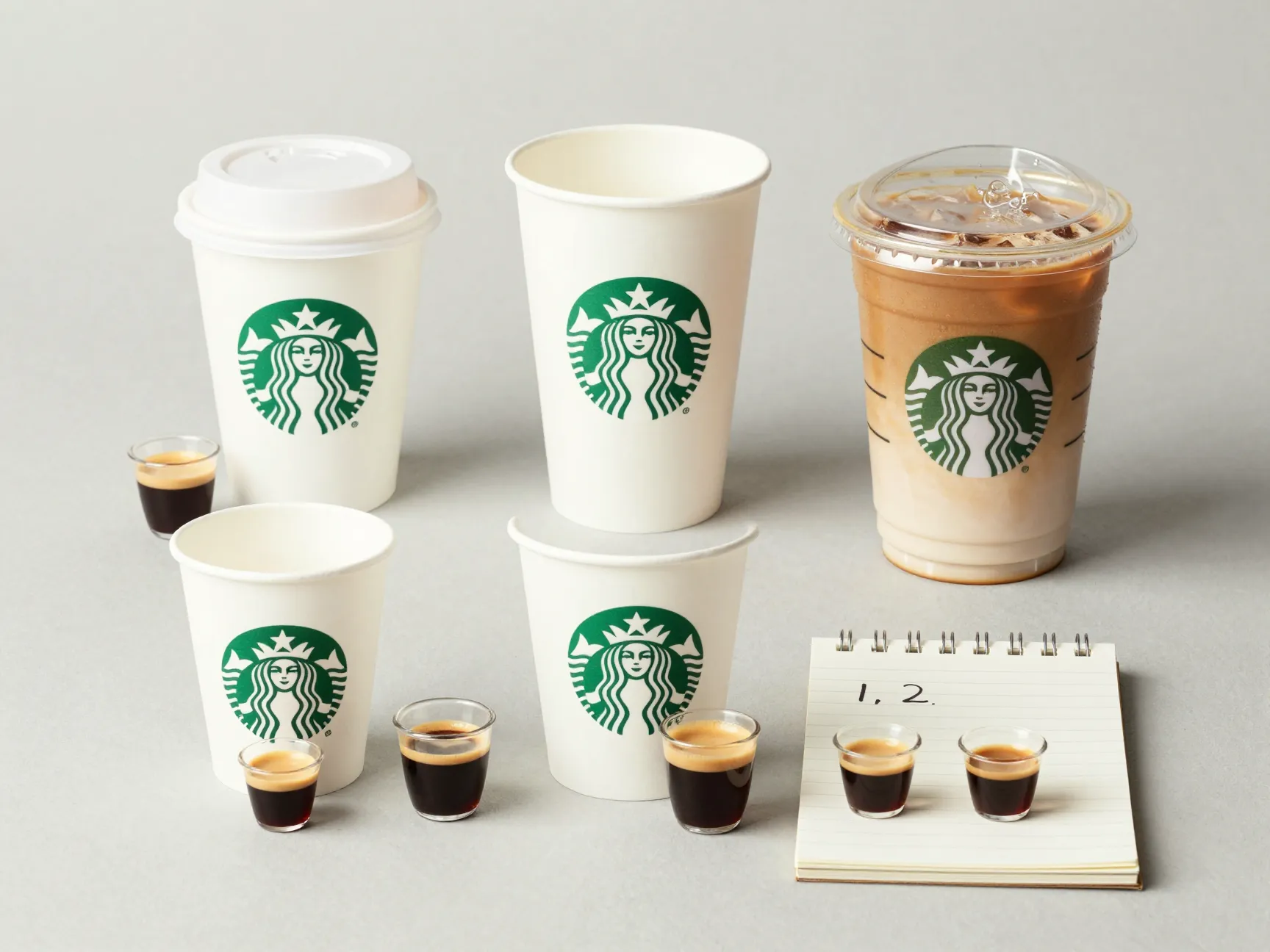 Three starbucks cup sizes lined up with different espresso shots