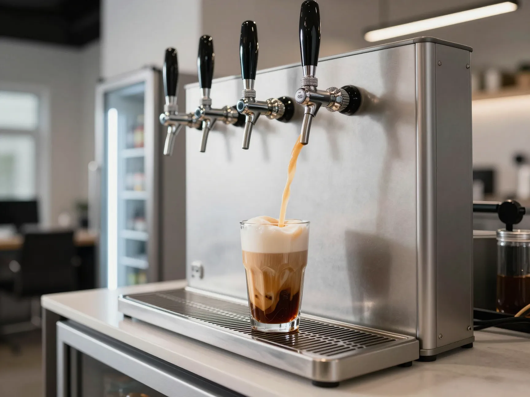 Nitro cold brew tap station with keg and glass pour