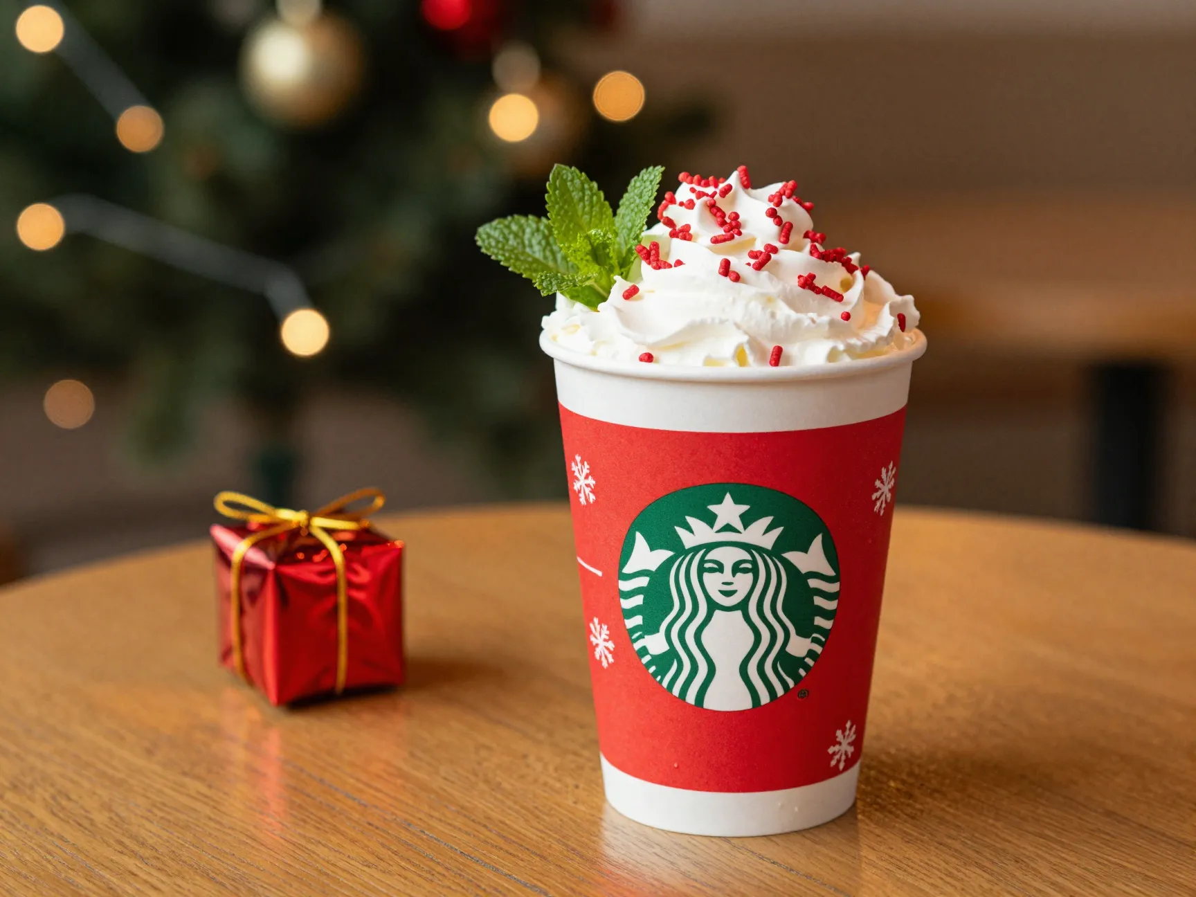Peppermint mocha with holiday decor on a festive starbucks table