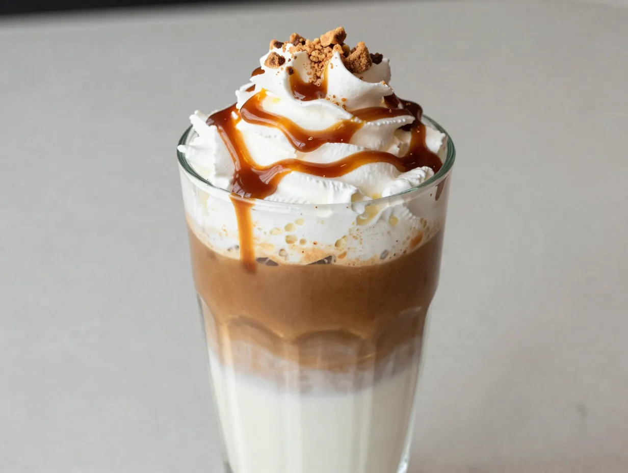 Tall clear glass with layered caramel whip and toffee