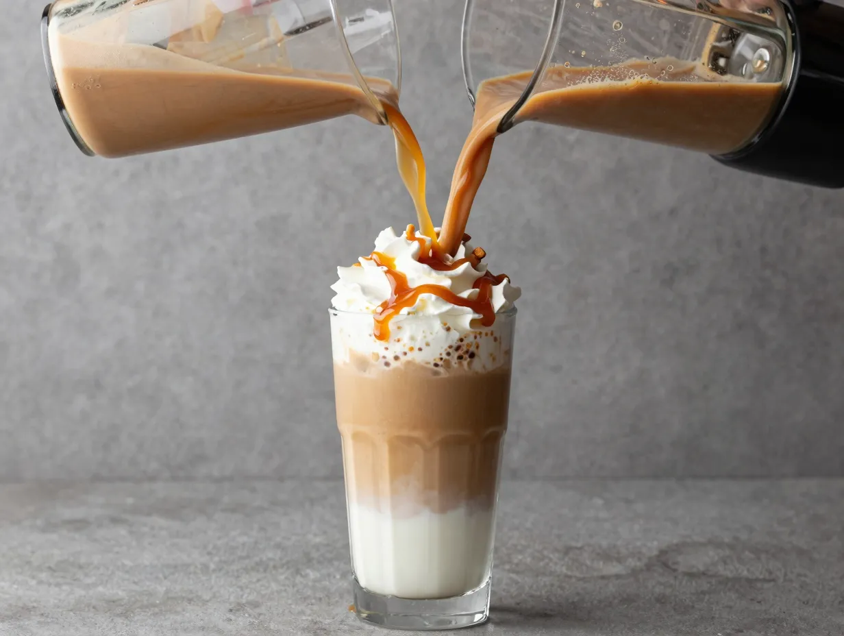 Blended frappuccino being poured into a layered glass