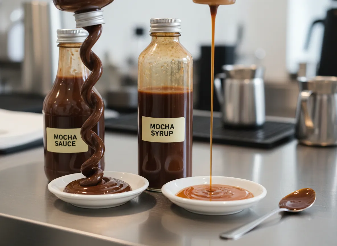 Mocha sauce and mocha syrup bottles side by side for comparison