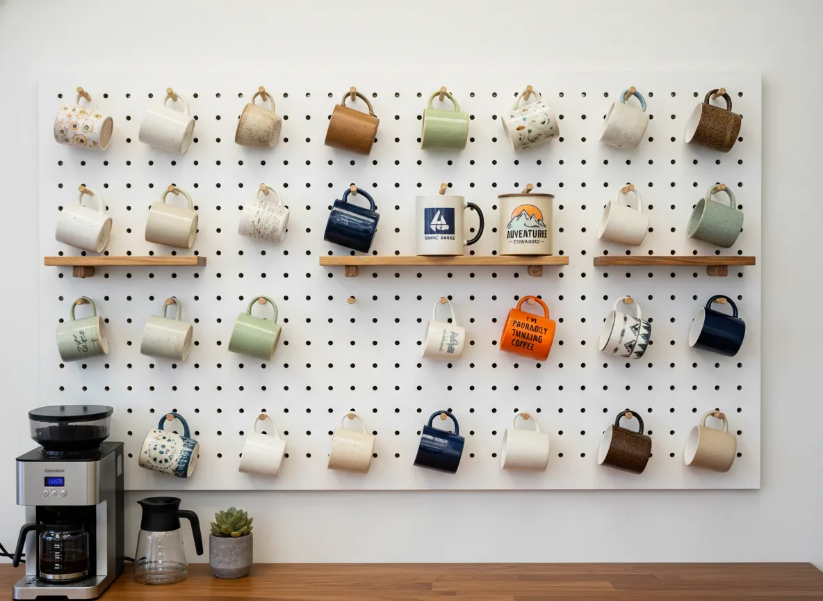 Personalized mug display on open shelving pegboard