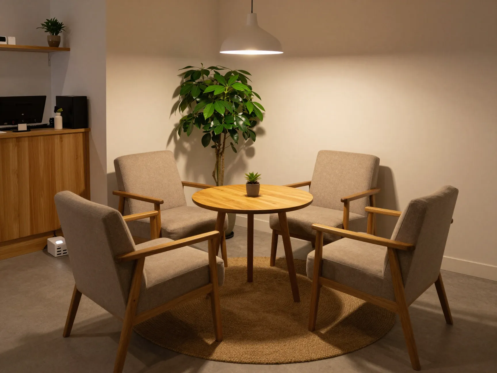 Cozy seating nook with cushioned chairs and café table