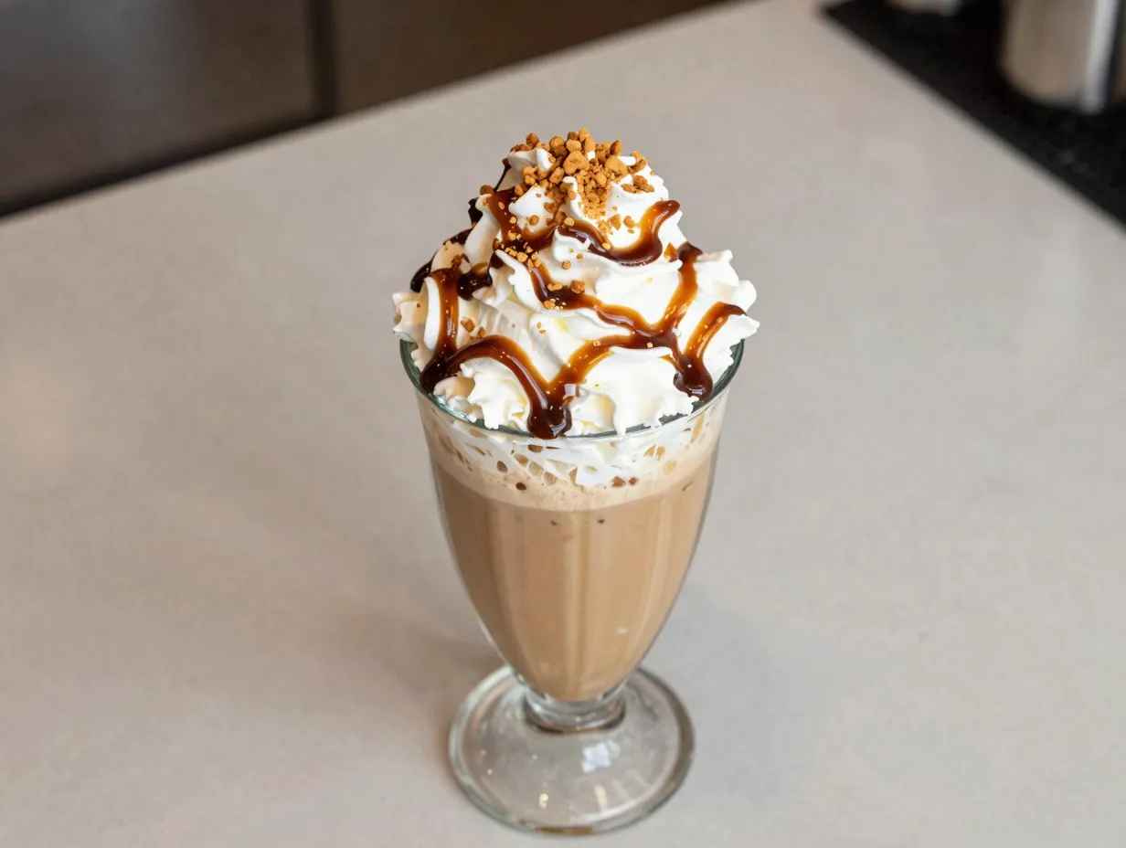 Finished frappuccino with whipped cream caramel toffee topping